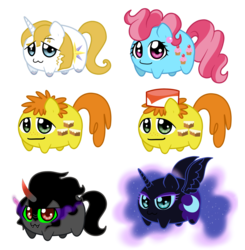 Size: 1600x1634 | Tagged: safe, artist:linamomoko, carrot cake, cup cake, king sombra, nightmare moon, prince blueblood, g4, chibi, chubbie, potato, simple background, transparent background