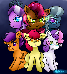 Size: 717x786 | Tagged: safe, artist:mysticvulpix, apple bloom, babs seed, diamond tiara, scootaloo, silver spoon, sweetie belle, g4, crying
