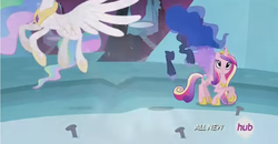 Size: 1016x528 | Tagged: safe, screencap, princess cadance, princess celestia, princess luna, g4, twilight's kingdom, alicorn triarchy, animation error, female, hub logo, lowres, mare, tartarus, trio