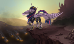 Size: 1500x899 | Tagged: safe, artist:petrifish, twilight sparkle, alicorn, pony, g4, armor, female, fire, mare, solo, twilight sparkle (alicorn)