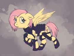 Size: 955x724 | Tagged: safe, artist:petrifish, fluttershy, g4, alternate hairstyle, armor, female, looking back, short hair, short mane, short tail, solo