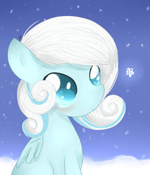Size: 1024x1195 | Tagged: dead source, safe, artist:britt-nya, oc, oc only, oc:snowdrop, pegasus, pony, blushing, folded wings, looking at something, sitting, snow, snowfall, snowflake, solo