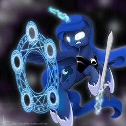 Size: 1024x1024 | Tagged: safe, artist:digitalcyn, princess luna, g4, female, glowing eyes, magic, magic circle, solo, sword, warrior luna, weapon