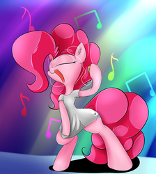 Size: 1280x1431 | Tagged: safe, artist:madacon, pinkie pie, pony, g4, bipedal, clothes, earbuds, female, human shoulders, music, music player, solo, t-shirt