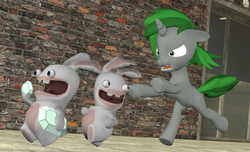 Size: 1024x623 | Tagged: safe, artist:neros1990, oc, oc only, 3d, blank flank, gmod, rabbid, rabbids, rabbids invasion, rayman