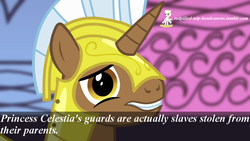 Size: 1024x576 | Tagged: safe, edit, edited screencap, screencap, pony, unicorn, g4, armor, frown, gritted teeth, headcanon, looking at you, male, redpilled-mlp-headcanons, royal guard, slavery, solo, tyrant celestia