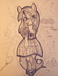 Size: 777x1024 | Tagged: safe, artist:doubt, oc, oc only, pony, bipedal, clothes, dress, glasses, monochrome, solo, traditional art