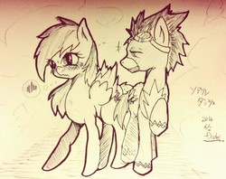 Size: 662x524 | Tagged: safe, artist:doubt, rainbow dash, soarin', g4, blushing, female, male, monochrome, nervous, ship:soarindash, shipping, smiling, straight, thought bubble, traditional art, wavy mouth