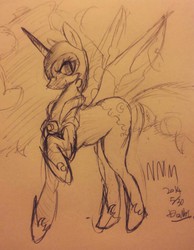 Size: 794x1024 | Tagged: safe, artist:doubt, nightmare moon, g4, female, grin, monochrome, solo, traditional art