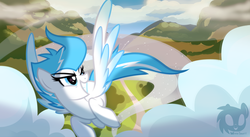Size: 1024x562 | Tagged: safe, artist:wicklesmack, oc, oc only, oc:shimmering shield, pegasus, pony, cloud, cloudy, colored wings, female, flying, gradient wings, grin, looking back, mare, path, sky, smiling, solo, spread wings, trail, wings