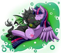 Size: 1714x1500 | Tagged: safe, artist:vavacung, twilight sparkle, oc, alicorn, changeling, pony, g4, canon x oc, female, green changeling, kissing, mare, shipping, twilight sparkle (alicorn)