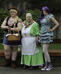 Size: 2859x3456 | Tagged: artist needed, safe, applejack, granny smith, rarity, human, g4, 2014, clothes, convention, cosplay, dress, high res, irl, irl human, photo, sakura con