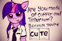 Size: 2046x1352 | Tagged: safe, artist:canvymamamoo, twilight sparkle, pony, unicorn, semi-anthro, g4, adorkable, chemistry, chemistry joke, chest fluff, clothes, copper, copper and tellurium, cuprum, cute, dork, female, flirting, mare, necktie, nerd, periodic table, pickup lines, pun, science, shirt, solo, sweet dreams fuel, tellurium, traditional art