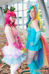 Size: 852x1280 | Tagged: safe, pinkie pie, rainbow dash, human, g4, cosplay, irl, irl human, photo