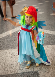 Size: 718x1000 | Tagged: safe, artist:hormozidesigns, rainbow dash, human, g4, child, clothes, cosplay, dress, gala dress, irl, irl human, photo, plushie, solo, target demographic