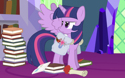 Size: 1200x750 | Tagged: safe, artist:dm29, twilight sparkle, alicorn, pony, g4, annoyed, apple, book, bookhorse, female, mare, saddle bag, scroll, solo, twilight sparkle (alicorn), twilight's castle, wings