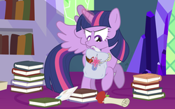 Size: 1200x750 | Tagged: safe, artist:dm29, twilight sparkle, alicorn, pony, g4, apple, book, bookhorse, female, magic, mare, saddle bag, scroll, solo, twilight sparkle (alicorn), twilight's castle