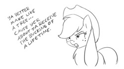 Size: 775x430 | Tagged: safe, artist:carnifex, applejack, g4, angry, female, frown, glare, monochrome, open mouth, solo, this will end in tears