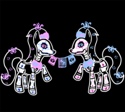 Size: 767x686 | Tagged: safe, artist:violetmagician, aloe, lotus blossom, earth pony, pony, g4, black background, dia de los muertos, duo, duo female, female, mare, mouth hold, raised hoof, simple background, spa twins