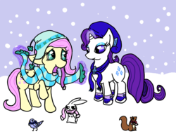 Size: 800x621 | Tagged: safe, artist:violetmagician, angel bunny, fluttershy, rarity, g4, clothes, scarf, snow, snowfall, winter