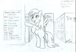 Size: 1140x783 | Tagged: artist needed, safe, derpy hooves, pegasus, pony, g4, book, female, librarian, library, mare, monochrome, solo, traditional art