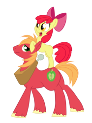 Size: 1321x1769 | Tagged: safe, artist:so-cashi, apple bloom, big macintosh, earth pony, pony, g4, brother and sister, family, male, piggyback ride, ponies riding ponies, riding, stallion