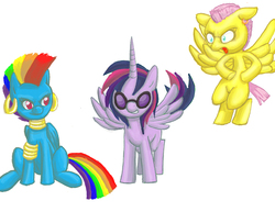 Size: 990x765 | Tagged: safe, artist:redanon, bulk biceps, dj pon-3, fluttershy, rainbow dash, twilight sparkle, vinyl scratch, zecora, alicorn, pony, g4, alternate hairstyle, female, mare, simple background, twilight sparkle (alicorn), white background, yeah