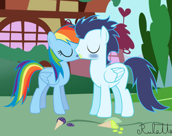 Size: 1024x807 | Tagged: safe, artist:rulette, rainbow dash, soarin', pegasus, pony, g4, blushing, eyes closed, female, ice cream, kissing, male, mare, ship:soarindash, shipping, stallion, straight