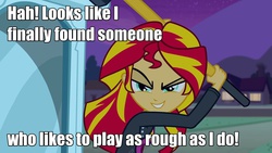 Size: 1920x1080 | Tagged: safe, edit, edited screencap, screencap, sunset shimmer, equestria girls, g4, 80s, caption, female, image macro, insanity, meme, quote, sledgehammer, solo, streets of fire, willem dafoe