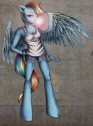 Size: 1424x1916 | Tagged: safe, artist:pingwinowa, rainbow dash, anthro, g4, bubblegum, clothes, female, lens flare, piercing, solo