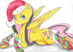 Size: 1737x1228 | Tagged: safe, artist:paws-prints, fluttershy, g4, clothes, emoshy, female, hat, santa hat, socks, solo, striped socks, torn clothes, traditional art
