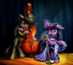 Size: 1200x1077 | Tagged: safe, artist:harwick, octavia melody, twilight sparkle, alicorn, pony, g4, cello, clothes, dress, duo, duo female, female, folded wings, mare, microphone, musical instrument, singing, stage, twilight sparkle (alicorn), wings