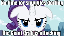Size: 960x540 | Tagged: safe, screencap, rarity, giant crab, pony, unicorn, g4, crossing the memes, darling, female, floppy ears, glare, image macro, imma snuggle you, impact font, looking at you, mare, meme, rarity fighting a giant crab, snuggling, solo