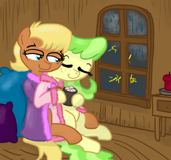 Size: 640x600 | Tagged: safe, artist:ficficponyfic, chickadee, ms. harshwhinny, ms. peachbottom, earth pony, pony, g4, bedroom eyes, cuddling, eyes closed, female, food, harshbottom, hot chocolate, lesbian, marshmallow, romantic, sitting, snuggling, spooning, thunderstorm, wholesome