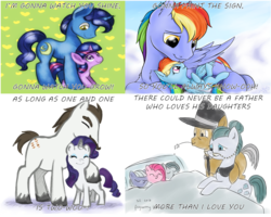 Size: 1434x1147 | Tagged: safe, hondo flanks, igneous rock pie, night light, pinkie pie, rainbow blaze, rainbow dash, rarity, twilight sparkle, g4, father and daughter, feels, filly, mother and daughter, paul simon, pie family, pie sisters, ship:quartzrock, song