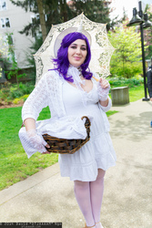 Size: 1365x2048 | Tagged: safe, artist:dtjaaaam, rarity, human, g4, basket, clothes, cosplay, fingerless gloves, gloves, irl, irl human, photo, solo, umbrella