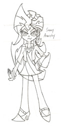 Size: 750x1500 | Tagged: safe, artist:supra80, sunset shimmer, angel, human, hybrid, g4, anarchy panty, female, fusion, humanized, looking at you, monochrome, panty and stocking with garterbelt, solo, style emulation, sunny anarchy, traditional art