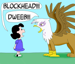 Size: 1000x850 | Tagged: safe, artist:allonsbro, gilda, griffon, g4, angry, blockhead, crossover, dweeb, lucy van pelt, peanuts, spread wings, yelling