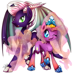 Size: 900x900 | Tagged: safe, artist:inky-pinkie, oc, oc only, oc:princess morning mist, oc:sapphire blitz, dracony, hybrid, bat wings, ethereal mane, fangs, interspecies offspring, next generation, offspring, parent:rarity, parent:spike, parents:sparity, tiara, wingding eyes