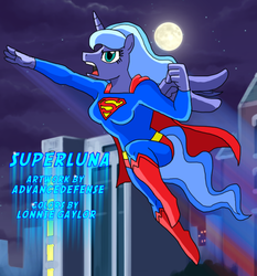 Size: 776x832 | Tagged: safe, artist:advanceddefense, artist:lonzo1, princess luna, anthro, g4, crossover, dc comics, female, male, solo, superman