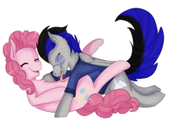 Size: 1024x723 | Tagged: safe, artist:oddends, pinkie pie, oc, earth pony, pony, g4, belly button, canon x oc, clothes, cute, eyes closed, female, fluffy, glasses, laughing, legs in air, licking, male, mare, navel play, on back, open mouth, shipping, shirt, simple background, smiling, straight, tongue out, transparent background