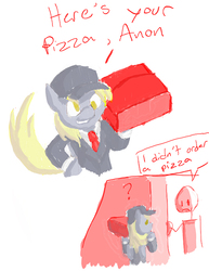 Size: 510x660 | Tagged: safe, artist:redanon, derpy hooves, oc, oc:anon, human, g4, 4chan, clothes, comic, meme, pizza, requested art