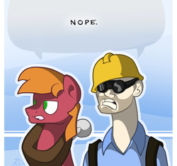 Size: 816x764 | Tagged: safe, artist:trace-101, big macintosh, earth pony, pony, g4, crossover, duo, engineer, engineer (tf2), male, nope, reaction image, stallion, team fortress 2