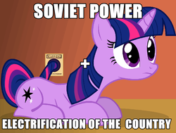 Size: 794x599 | Tagged: safe, artist:zoarvek, twilight sparkle, pony, unicorn, g4, communism, electricity, female, frown, plug, prone, propaganda, solo, soviet, unicorn twilight, wat