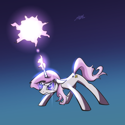 Size: 1200x1200 | Tagged: safe, artist:lovelyneckbeard, fleur-de-lis, pony, unicorn, g4, angry, concave belly, female, glare, glowing, gradient background, horn, magic, mare, slender, solo, thin