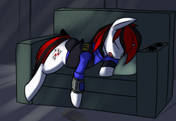 Size: 1280x879 | Tagged: safe, artist:erthilo, oc, oc only, oc:blackjack, pony, unicorn, fallout equestria, fallout equestria: project horizons, clothes, couch, cutie mark, eyes closed, fanfic, fanfic art, female, hooves, horn, jumpsuit, lying down, mare, open mouth, pipbuck, sleeping, solo, sunglasses, vault suit