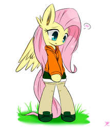 Size: 558x652 | Tagged: safe, artist:ranban, fluttershy, pony, g4, bipedal, clothes, female, hoodie, shoes, shorts, socks, solo