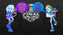 Size: 1024x576 | Tagged: safe, rainbow dash, trixie, equestria girls, g4, magic duel, argument, hockey, los angeles kings, new york rangers, nhl, stanley cup, stanley cup finals, stanley cup playoffs