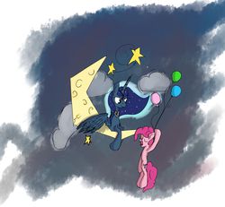 Size: 1947x1802 | Tagged: safe, artist:irwin, pinkie pie, princess luna, alicorn, earth pony, pony, g4, balloon, duo, floating, moon, tangible heavenly object, then watch her balloons lift her up to the sky