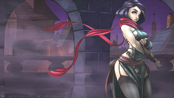 Size: 1920x1080 | Tagged: safe, artist:atryl, rarity, human, g4, assassin, breasts, clothes, dagger, female, fog, humanized, long scarf, looking at you, night, quest for harmony, scarf, sideboob, solo, wallpaper, weapon